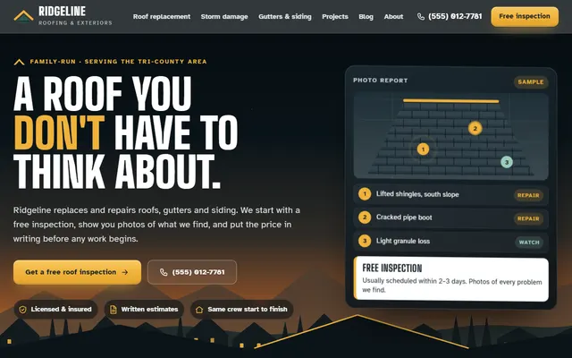 Homepage of Ridgeline Roofing & Exteriors, the Growth example site