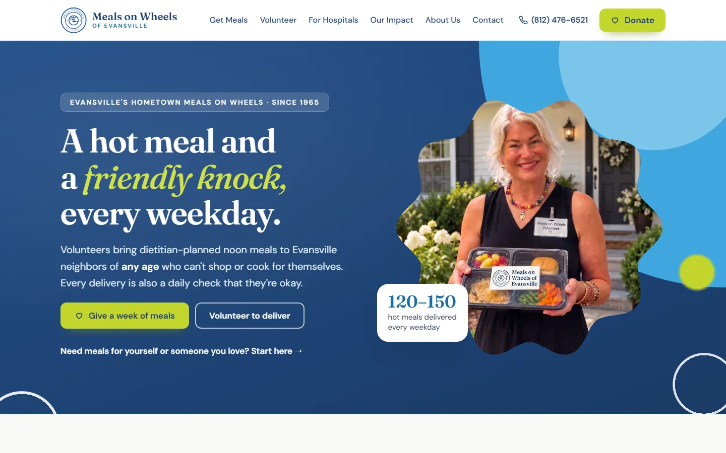 The new Meals on Wheels of Evansville homepage: a navy hero that reads A hot meal and a friendly knock, every weekday, with Give a week of meals and Volunteer to deliver buttons.