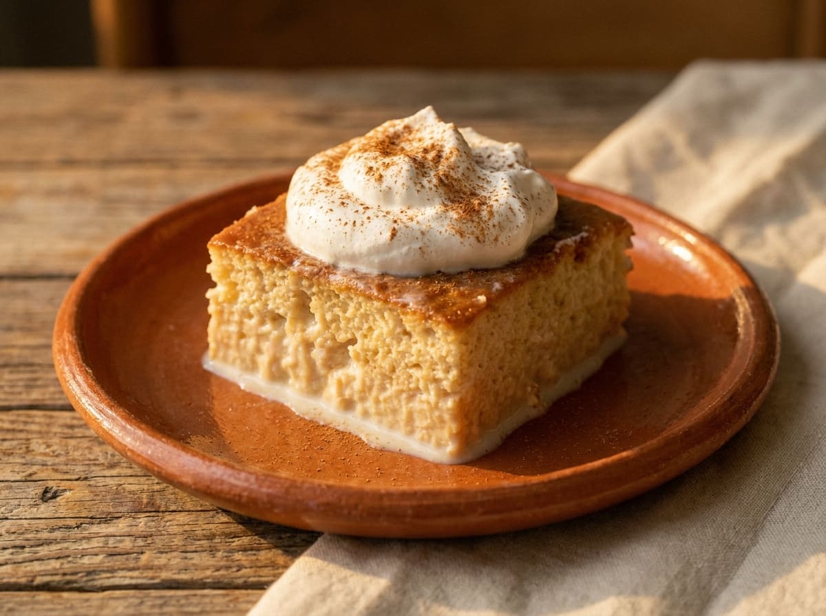 A slice of tres leches cake with whipped cream and cinnamon